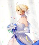  1girl ahoge blonde_hair blue_clothes bouquet choker confetti dress elbow_gloves fate/stay_night fate_(series) floral_print flower gloves green_eyes hair_ribbon highres holding holding_flower mizu_(dl7613) petals profile ribbon saber solo veil wedding_dress white_dress white_gloves 