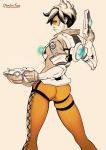  1girl artist_name ass beige_background black_hair bodysuit brown_eyes brown_gloves closed_mouth contrapposto cowboy_shot dandon_fuga dual_wielding from_behind gloves glowing goggles goggles_on_head gun holding holding_gun holding_weapon light_smile lips overwatch profile short_hair simple_background sketch skin_tight solo standing thigh_strap tracer_(overwatch) uniform watermark weapon web_address 