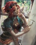 1girl artist_name braid breasts canvas_(object) cleavage drawing dutch_angle green_eyes highres looking_up orange_hair original paintbrush phong_anh plant pointy_ears realistic shirt short_hair solo watermark window 