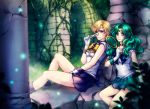  2girls bishoujo_senshi_sailor_moon blonde_hair blue_eyes blue_skirt choker circlet column crescent crescent_earrings deep_aqua_mirror earrings elena_ivlyushkina gloves grass green_hair jewelry kaiou_michiru mask mask_removed miniskirt mirror multiple_girls outer_senshi pillar plant pleated_skirt ribbon sailor_collar sailor_neptune sailor_senshi sailor_uranus short_hair sitting skirt smile star ten&#039;ou_haruka vines white_gloves 