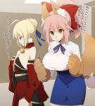  2girls ahoge bare_shoulders bell breast_conscious breasts caster_(fate/extra) caster_(fate/extra)_(cosplay) collar cosplay costume_switch ears fate/grand_order fate_(series) hand_on_own_chest japanese_clothes kimono kujiran large_breasts looking_down multiple_girls paws ponytail saber saber_(cosplay) sad shirt short_hair small_breasts tail tamamo_cat_(fate/grand_order) tight_shirt translated 