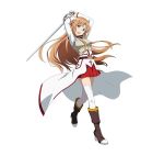  1girl asuna_(sao) breastplate brown_eyes brown_hair highres holding holding_sword holding_weapon long_hair looking_at_viewer official_art open_mouth pleated_skirt rapier red_skirt simple_background skirt solo sword sword_art_online sword_art_online:_code_register thigh-highs weapon white_background white_legwear 