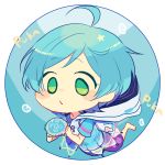  1boy aqua_hair barefoot blue_hair chibi circle ensemble_stars! green_eyes hooded_top jellyfish looking_down pakkuncho shinkai_kanata solo 