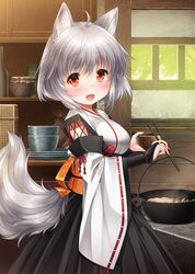  1girl animal_ears bowl breasts bridal_gauntlets chopsticks cooking detached_sleeves inubashiri_momiji kei_kei kitchen kourindou_tengu_costume large_breasts long_sleeves obi open_mouth plate pot red_eyes sash short_hair silver_hair smile solo tail touhou wide_sleeves wolf_ears wolf_tail 