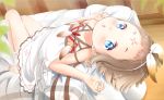  1girl barefoot bed blue_eyes brown_hair dress facial_mark forehead_mark highres kittipat_jituatakul looking_back lying on_back open_mouth original ribbon short_hair solo 