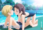  1boy 1girl all_fours black_hair blonde_hair competition_school_swimsuit hiyori_mizuki looking_at_another pool poolside sansha_san&#039;you school_swimsuit swimsuit takezono_yuu translated twintails usuda_sakura 