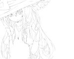  1girl hair_ribbon hat kirisame_marisa kitsune_(scaz) lineart long_hair monochrome ribbon simple_background solo touhou witch_hat 