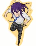  1boy dress_shirt ensemble_stars! full_body hair_ribbon holding holding_weapon kanzaki_souma male_focus neck outline pants plaid plaid_pants ponytail purple_hair ribbon running shirt solo sweatdrop sword tubuan_oisii violet_eyes weapon 