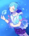  1boy air_bubble aqua_hair blue_hair blush bracelet closed_eyes ensemble_stars! hooded_top jellyfish jewelry male_focus ocean polka_dot polka_dot_shorts shiman shinkai_kanata smile solo water 