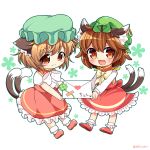  2girls :3 animal_ears brown_eyes brown_hair cat_ears cat_tail chen closed_mouth clover collaboration commentary_request fang four-leaf_clover green_hat hat heart ibarashiro_natou jewelry letter long_sleeves love_letter mob_cap multiple_girls multiple_tails nekomata pila-pela short_hair short_sleeves single_earring tail touhou transparent_background two_tails 