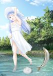  1girl animal blue_eyes blue_hair blush clouds collarbone dress dress_lift fish gochuumon_wa_usagi_desu_ka? hair_ornament hairclip hand_on_headwear hat kafuu_chino long_hair outdoors riverbank sandals sleeveless sleeveless_dress sun_hat sundress takamaru_(akisora_drawing) tippy_(gochuumon_wa_usagi_desuka?) tree wading water wind x_hair_ornament 