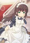  1girl black_hair brown_hair gochuumon_wa_usagi_desu_ka? green_eyes hand_on_own_cheek long_hair maid maid_headdress mutou_riu solo ujimatsu_chiya 