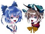  2girls animal_ears blue_eyes blue_hair brown_hair cat_ears chen cirno face fangs hair_ribbon hat ikurauni jewelry looking_at_viewer mob_cap multiple_girls ribbon short_hair simple_background single_earring smile tongue tongue_out touhou turtleneck white_background 
