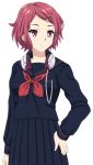  1girl alternate_costume commentary_request cp9a hair_ornament hairpin headphones headphones_around_neck minase_koito musaigen_no_phantom_world pleated_skirt red_eyes redhead school_uniform serafuku short_hair skirt solo white_background 