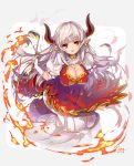  1girl alicia_(granblue_fantasy) breasts dress earrings fire granblue_fantasy hong_(white_spider) horns jewelry ladle large_breasts long_hair orange_eyes pointy_ears red_dress silver_hair solo 