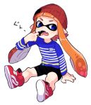  1girl beanie blue_eyes domino_mask fangs finger_in_mouth hat inkling mask orange_hair shiman shirt shoes sitting sneakers solo splatoon striped striped_shirt tentacle_hair 