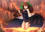  1girl black_wings brown_hair cape covered_navel hair_ribbon highres kanzen_bouon long_hair looking_at_viewer molten_rock one-piece_swimsuit open_mouth red_eyes reiuji_utsuho ribbon smile solo swimsuit third_eye touhou wading wings 
