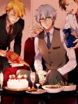  3boys blonde_hair brown_hair cake closed_eyes facial_hair food gift glass glasses hazama_michio idolmaster idolmaster_side-m maita_rui male_focus multiple_boys necktie s.e.m silver_hair smile striped striped_necktie stubble sweatdrop uririri69 vest yamashita_jirou 