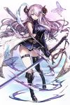  1girl bare_shoulders braid fingerless_gloves gloves granblue_fantasy hair_ornament hair_over_one_eye hankuri horns katana lavender_hair narumeia_(granblue_fantasy) pointy_ears single_thighhigh solo sword thigh-highs weapon 