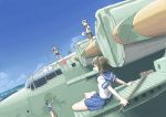  4girls airplane angry ayanami_(kantai_collection) barefoot black_hair blurry cleaning cleaning_brush commentary depth_of_field dutch_angle flying_boat fubuki_(kantai_collection) h8k hand_on_hip horizon kantai_collection ladder long_hair looking_at_another miyuki_(kantai_collection) multiple_girls ocean school_uniform seaplane serafuku shikinami_(kantai_collection) short_hair shouting side_ponytail sitting sky towel vent_arbre water 