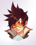  1girl brown_hair face goggles liyart overwatch short_hair smile solo spiky_hair tracer_(overwatch) 
