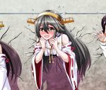 3girls bare_shoulders black_hair blush brown_eyes crack detached_sleeves flying_sweatdrops full-face_blush hair_between_eyes hair_ornament hairband hairclip haruna_(kantai_collection) headgear japanese_clothes kantai_collection kongou_(kantai_collection) long_hair long_sleeves motion_lines multiple_girls nontraditional_miko open_mouth remodel_(kantai_collection) ribbon-trimmed_sleeves ribbon_trim short_hair stuck tk8d32 wall wide_sleeves 