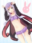  1girl animal_hood arms_up bandeau bangs bunny_hood cinderella_bust collarbone cowboy_shot dutch_angle eyebrows eyebrows_visible_through_hair hair_ornament hairpin hood hood_down hoodie long_hair long_sleeves looking_at_viewer low_twintails midriff navel open_clothes open_hoodie open_mouth purple_ribbon ribbon solo stomach symbol-shaped_pupils twintails underwear vocaloid voiceroid yuki_(yukin0128) yuzuki_yukari 