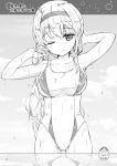  1girl 5han competition_swimsuit greyscale hairband kantai_collection long_hair monochrome one-piece_swimsuit one_eye_closed reflection shoukaku_(kantai_collection) solo standing swimsuit 