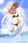  1girl bikini breasts ching_(solholic) hat highres innertube long_hair original parted_lips solo sun_hat sunlight swimsuit twintails wading white_hair yellow_eyes 