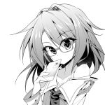  1girl cellphone collarbone glasses hachi_(chihagura) long_sleeves looking_at_viewer monochrome off_shoulder phone solo strap_slip touhou upper_body usami_sumireko 