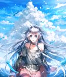  1girl ahoge bare_shoulders blue_eyes braid choker clouds feathers fuuna_(conclusion) highres ia_(vocaloid) long_hair off_shoulder silver_hair single_thighhigh sky solo thigh-highs twin_braids very_long_hair vocaloid 