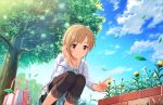  1girl aiba_yumi artist_request bag blonde_hair collarbone flower idolmaster idolmaster_cinderella_girls idolmaster_cinderella_girls_starlight_stage jewelry leaf necklace official_art sky smile solo squatting tree wind 
