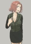  1girl azumi_(girls_und_panzer) bangs bare_legs breasts cleavage girls_und_panzer green_eyes hand_on_own_chest highres large_breasts leaning_forward looking_at_viewer open_collar open_mouth parted_bangs pencil_skirt redhead short_hair skirt solo takanitsuki 