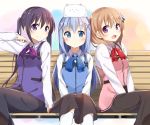  3girls :&lt; :3 :d animal animal_on_head black_hair black_legwear blue_eyes blue_hair brown_hair bunny_on_head flower girl_sandwich gochuumon_wa_usagi_desu_ka? hair_flower hair_ornament hairclip hoto_cocoa kafuu_chino kneehighs long_skirt looking_at_viewer multiple_girls open_mouth pantyhose rabbit rabbit_house_uniform ribbon sandwiched sasahara_wakaba sitting skirt smile tedeza_rize tippy_(gochuumon_wa_usagi_desuka?) twintails uniform v_arms violet_eyes white_legwear 