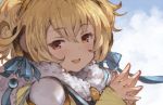  1girl anchira_(granblue_fantasy) benitama blonde_hair blush brown_eyes clouds fur granblue_fantasy hair_ornament looking_at_viewer monkey_ears open_mouth short_hair sky smile solo steepled_fingers 
