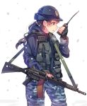  1girl assault_rifle camouflage camouflage_pants daito female_service_cap gun hat howa_type_89 load_bearing_vest military military_uniform pants rifle sling solo uniform walkie-talkie weapon 