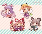  4girls animal_ears basket blonde_hair breasts bunny_tail capelet chibi cleavage dress frog frog_print gap grey_dress grey_hair grin gun hair_ribbon handgun hat hat_ribbon large_breasts long_sleeves marshmallow_mille mob_cap moriya_suwako mouse mouse_ears mouse_tail multiple_girls nazrin one_eye_closed purple_dress rabbit_ears reisen_udongein_inaba ribbon shirt skirt skirt_set smile striped striped_background tail thigh-highs touhou tress_ribbon vest violet_eyes weapon white_legwear wide_sleeves yakumo_yukari yellow_eyes zettai_ryouiki 