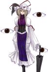  1girl adapted_costume beshi blonde_hair dress eyes gloves hat long_hair one_eye_closed puffy_sleeves ribbon smile solo touhou umbrella white_gloves yakumo_yukari 