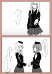  bangs comic garrison_cap girls_und_panzer handshake hat highres itsumi_erika military military_hat military_uniform nishizumi_miho outstretched_hand pleated_skirt skirt smile takanitsuki translation_request uniform 