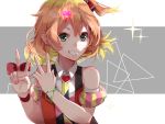  1girl arm_garter bangle bare_shoulders bracelet double_v freyja_wion green_eyes hair_ornament heart_hair_ornament highres jewelry looking_at_viewer macross_delta mugcup orange_hair red_ribbon ribbon short_ponytail side_ponytail smile solo teeth upper_body v 