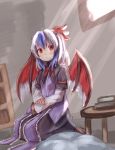  1girl baram blue_hair blush book bow bowtie horns indoors long_sleeves multicolored_hair pillow red_bow red_bowtie red_eyes short_hair silver_hair single_head_wing sitting sketch solo table tokiko_(touhou) touhou two-tone_hair wings 