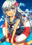  1girl highres kantai_collection lifebuoy looking_at_viewer moriki one-piece_swimsuit open_mouth ro-500_(kantai_collection) smile solo swimsuit swimsuit_under_clothes tan tanline torpedo water 