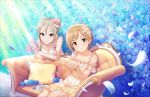  2girls aiba_yumi artist_request bangs blonde_hair blue_rose bracelet couch crossed_arms dress flower idolmaster idolmaster_cinderella_girls idolmaster_cinderella_girls_starlight_stage jewelry looking_at_viewer multiple_girls official_art parted_bangs petals rose shiomi_shuuko short_hair sitting smile wind 