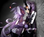  1boy 1girl against_wall blue_eyes claws cracked_wall elbow_gloves eye_contact face-to-face g_(desukingu) gloves hair_over_one_eye hatchet heart highres long_hair looking_at_another low_twintails monster_girl oriental_hatchet original pointy_hair purple_gloves purple_hair shirt shocked_eyes shorts sleeveless sleeveless_shirt smile trembling twintails very_long_hair violet_eyes weapon yandere 