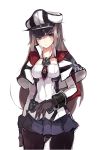  1girl alternate_hairstyle anchor arm_at_side black_gloves black_legwear blush brown_hair capelet closed_mouth collarbone covered_navel cowboy_shot expressionless gloves graf_zeppelin_(kantai_collection) hat head_tilt highres iron_cross kantai_collection long_hair necktie pantyhose peaked_cap pleated_skirt purple_skirt red_necktie simple_background sketch skirt solo standing tsurime underbust very_long_hair violet_eyes white_background white_hat yu_kitsune 