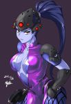  1girl bodysuit breasts brown_background dated light_smile long_hair looking_at_viewer nishiumi_yuuta overwatch parted_lips purple_hair purple_skin simple_background solo widowmaker_(overwatch) yellow_eyes 