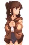  1girl absurdres blue_swimsuit blush brown_coat brown_eyes brown_hair coat covered_navel cowboy_shot crop_top eyebrows eyebrows_visible_through_hair hands_clasped highres i-401_(kantai_collection) kantai_collection looking_afar looking_to_the_side one-piece_swimsuit open_clothes open_coat ponytail ranf shirt short_hair simple_background solo standing swimsuit swimsuit_under_clothes tareme thigh_gap white_background white_shirt 