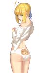  1girl absurdres ahoge ass bear_panties bear_print blonde_hair fate/stay_night fate_(series) green_eyes hand_on_own_chest highres legs long_sleeves looking_back panties partially_undressed print_panties saber shiny shiny_skin short_hair solo thighs underwear white_background white_panties zhano_kun 