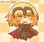  1girl black_legwear blonde_hair blush checkered checkered_background chibi daifuku_mogu dark_persona fate/grand_order fate_(series) helmet jeanne_alter ruler_(fate/apocrypha) ruler_(fate/grand_order) solo thigh-highs twitter_username yellow_eyes 