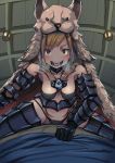  1girl animal_ears armor bare_shoulders berserker_(granblue_fantasy) black_panties blonde_hair blush boots breasts breath ceiling collar collarbone djeeta_(granblue_fantasy) eyebrows eyebrows_visible_through_hair fangs gauntlets granblue_fantasy hair_ornament heart heart-shaped_pupils highres indoors lantern nabeo open_mouth panties pelt pov saliva short_hair sitting sitting_on_person solo spread_legs symbol-shaped_pupils thigh-highs thigh_boots tongue underwear wolf_pelt 
